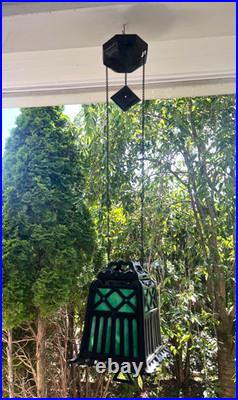 ANTIQUE-CAST IRON TUDOR HANGING OIL LAMP SLAG GLASS RETRACTABLE CANOPY Hall Ligh