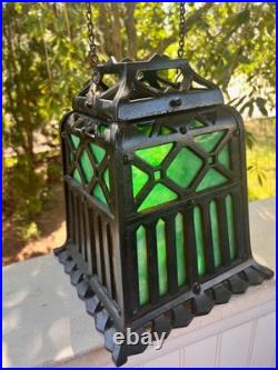 ANTIQUE-CAST IRON TUDOR HANGING OIL LAMP SLAG GLASS RETRACTABLE CANOPY Hall Ligh