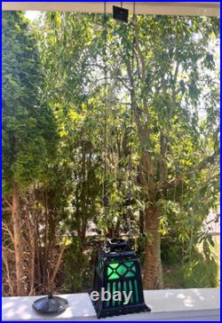 ANTIQUE-CAST IRON TUDOR HANGING OIL LAMP SLAG GLASS RETRACTABLE CANOPY Hall Ligh