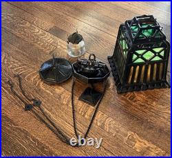 ANTIQUE-CAST IRON TUDOR HANGING OIL LAMP SLAG GLASS RETRACTABLE CANOPY Hall Ligh