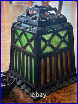 ANTIQUE-CAST IRON TUDOR HANGING OIL LAMP SLAG GLASS RETRACTABLE CANOPY Hall Ligh