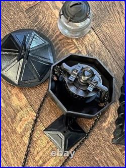 ANTIQUE-CAST IRON TUDOR HANGING OIL LAMP SLAG GLASS RETRACTABLE CANOPY Hall Ligh