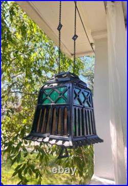 ANTIQUE-CAST IRON TUDOR HANGING OIL LAMP SLAG GLASS RETRACTABLE CANOPY Hall Ligh