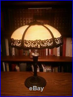 ANTIQUE EDWARD MILLER 6 PANEL SLAG GLASS TABLE LAMP Double Light With Pulls