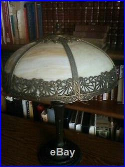 ANTIQUE EDWARD MILLER 6 PANEL SLAG GLASS TABLE LAMP Double Light With Pulls