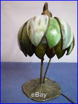 Antique Handel Tulip Slag Glass Lamp With Original Bronze Lily Base