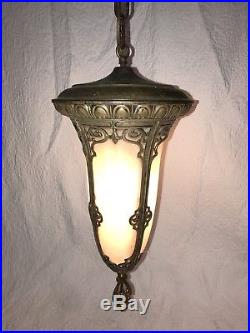 ANTIQUE LARGE VICTORIAN SLAG GLASS PORCH HALL PENDANT LIGHT HANGING LAMP Nice