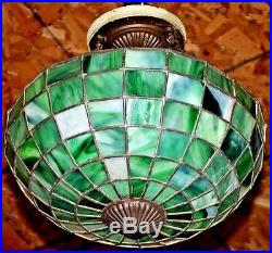 Antique Leaded Slag Glass Inverted Dome Hanging Pendant Lamp Tiffany Handel Era
