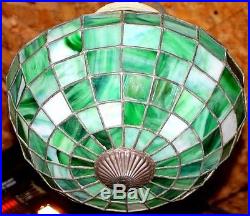 Antique Leaded Slag Glass Inverted Dome Hanging Pendant Lamp Tiffany Handel Era