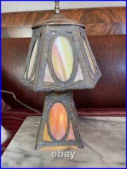 ANTIQUE LIGHTED-BASE Amber Pink SLAG GLASS 5& 6-PANEL ELECTRIC TABLE DESK LAMP