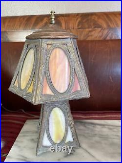 ANTIQUE LIGHTED-BASE Amber Pink SLAG GLASS 5& 6-PANEL ELECTRIC TABLE DESK LAMP