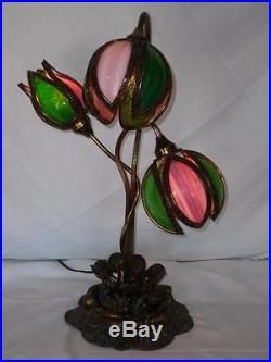 Antique Lily Slag Glass Lamp Flower Pink Green Bronzed Base Possibly Handel