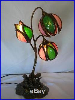 Antique Lily Slag Glass Lamp Flower Pink Green Bronzed Base Possibly Handel
