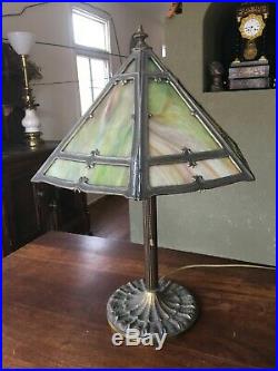 ANTIQUE MILLER BRASS/6 pc. SLAG GLASS SHADE TABLE LAMP IN GREEN withOVERLAY # 971