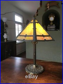 ANTIQUE MILLER BRASS/6 pc. SLAG GLASS SHADE TABLE LAMP IN GREEN withOVERLAY # 971