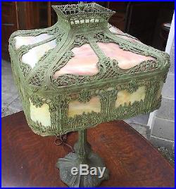 Antique Overlay Slag Glass Lamp, 28 Tall
