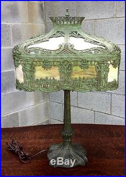 Antique Overlay Slag Glass Lamp, 28 Tall