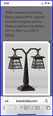 ANTIQUE Orig MISSION Arts-Crafts IRON-SLAG GLASS STUDENT LAMP Stickley Handel