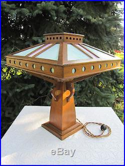 Antique Prairie School Slag Glass Mission Solid Oak Lamp Arts Crafts Early 1900