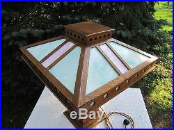 ANTIQUE PRAIRIE SCHOOL SLAG GLASS MISSION SOLID OAK LAMP ARTS CRAFTS c. 1900