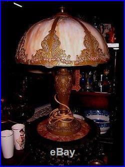 ANTIQUE REDUCED 3/21/17 SLAG GLASS LAMP 8 PANEL French Style LAMP ORIGINAL