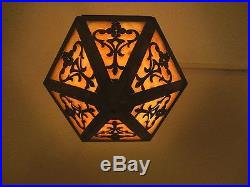 Antique Slag Glass & Brass Ceiling Light Fixture. Stained Glass Hanging Lamp
