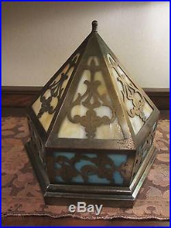 Antique Slag Glass & Brass Ceiling Light Fixture. Stained Glass Hanging Lamp