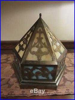 Antique Slag Glass & Brass Ceiling Light Fixture. Stained Glass Hanging Lamp