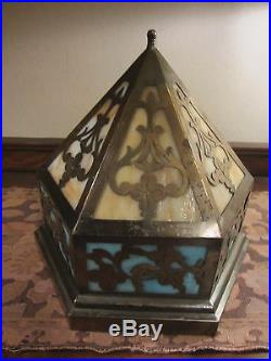 Antique Slag Glass & Brass Ceiling Light Fixture. Stained Glass Hanging Lamp
