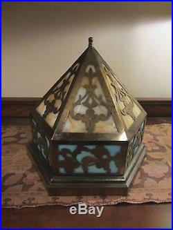 Antique Slag Glass & Brass Ceiling Light Fixture. Stained Glass Hanging Lamp