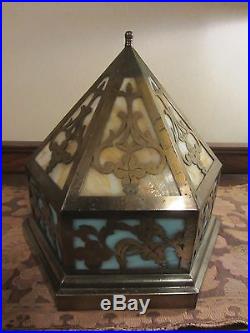Antique Slag Glass & Brass Ceiling Light Fixture. Stained Glass Hanging Lamp