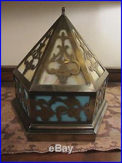 Antique Slag Glass & Brass Ceiling Light Fixture. Stained Glass Hanging Lamp