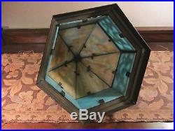 Antique Slag Glass & Brass Ceiling Light Fixture. Stained Glass Hanging Lamp