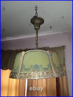 ANTIQUE SLAG GLASS HANGING LAMP 1925 CHANDELIER Drum Fixture Art Deco Nouveau