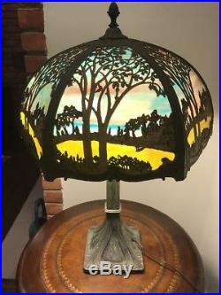ANTIQUE SLAG GLASS LAMP SHADE 6 Panels 20 Double Colored