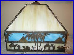 Antique Slag Glass Lamp Square Deco Shade, Blue, Cream, Egyption, Camels, Palms
