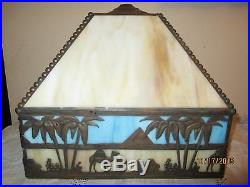Antique Slag Glass Lamp Square Deco Shade, Blue, Cream, Egyption, Camels, Palms