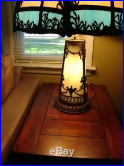 ANTIQUE SLAG GLASS LAMP with LIGHT UP BASE, 3 bulbs, circa 1910, art nouveau style