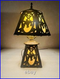 ANTIQUE SLAG GLASS TABLE LAMP 6 PANEL 2 lights Beautiful. See video