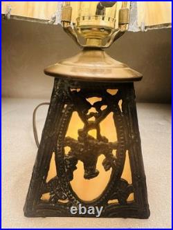 ANTIQUE SLAG GLASS TABLE LAMP 6 PANEL 2 lights Beautiful. See video