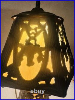 ANTIQUE SLAG GLASS TABLE LAMP 6 PANEL 2 lights Beautiful. See video