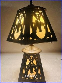 ANTIQUE SLAG GLASS TABLE LAMP 6 PANEL 2 lights Beautiful. See video