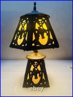 ANTIQUE SLAG GLASS TABLE LAMP 6 PANEL 2 lights Beautiful. See video