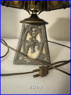 ANTIQUE SLAG GLASS TABLE LAMP 6 PANEL 2 lights Beautiful. See video