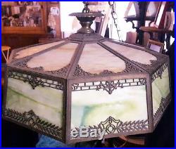 ANTIQUE SLAG STAINED GLASS HANGING LAMP -1920s