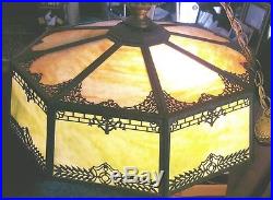 ANTIQUE SLAG STAINED GLASS HANGING LAMP -1920s