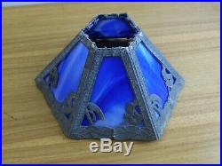 ANTIQUE VICTORIAN 6 PANEL blue STAINED SLAG GLASS LAMP SHADE read