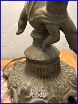 ANTIQUE VINTAGE SLAG GLASS TABLE LAMP TIFFANY STYLE BRASS withCHERUBS