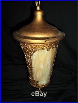ANTIQUE Victorian SLAG GLASS PORCH / HALL PENDANT LIGHT FIXTURE HANGING LAMP