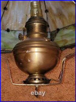 ANTIQUE c1900's BENT SLAG GLASS HANGING OIL LAMP ORNATE SHADE WORKS BEAUTIFUL